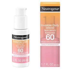 lot 45801 image: Neutrogena Invisible Daily Defense Broad Spectrum SPF 60, Antioxidants for Skin Glow, Hydrating Face Sunscreen Serum, Water Resistant (80 minutes), Oil-Free, Fragrance Free, Non Comedogenic, 1.7 Fl Oz - Retail $18