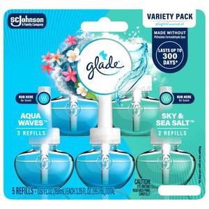lot 45808 image: Glade PlugIns Refills Air Freshener, Aqua Waves and Sky & Sea Salt, Scented and Essential Oils for Home and Bathroom, 0.67 Fl Oz, 5 Count - Retail $12
