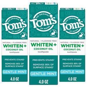 lot 45814 image: Toms of Maine Whiten Plus Coconut Oil Fluoride Free Toothpaste, Natural Whitening Toothpaste with Plant-Based Cleansers, Whitens Without Causing Sensitivity, Gentle Mint, 4.0 Oz (Pack of 3) - Retail $15