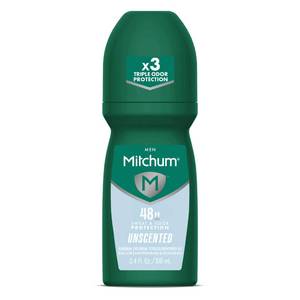 lot 45834 image: Mitchum Mens Antiperspirant Deodorant, Roll-On Applicator, Unscented, 48HR Sweat & Odor Protection, Quick-Drying Formula, Dermatologist Tested, 3.4 oz - Retail $6