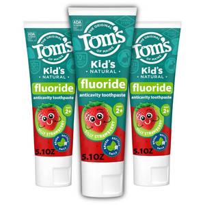 lot 45836 image: Toms of Maine ADA Approved Fluoride Kids Toothpaste, Natural Toothpaste, Dye Free, No Artificial Preservatives, Silly Strawberry, 5.1 oz. 3-Pack (Packaging May Vary) - Retail $15