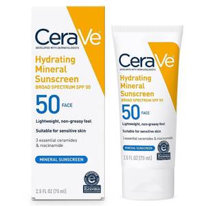 lot 45840 image: CeraVe 100% Mineral Sunscreen SPF 50, Face sunscreen With Zinc Oxide & Titanium Dioxide, Hyaluronic Acid  Niacinamide  Ceramides, Oil Free, Travel Size 2.5 oz - Retail $14