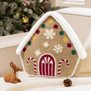 lot 45866 image: Gingerbread Series House Merry Christmas Throw Pillow, Plush Faux Rabbit Fur Embroidered Teddy Sherpa Gingerbread House Xmas Decorative Shaped Pillow, Beige, 12x13 in - Retail $24