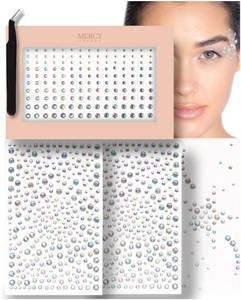 lot 45874 image: MERCY LONDON Face Gems in Iridescent, 866 Face Gem Stickers, Self Adhesive 4 Sheets with Various Sizes, for Makeup, Eyes, DIY Face Gems - Retail $8