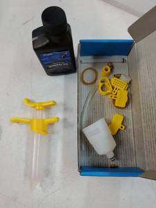 lot 45885 image: Brake Bleed Kit for SHIMANO Hydraulic Brakes. Bicycle Hydraulic Brake Bleed Kit Including 150ML Mineral Oil Brake Fluid. ONLY 14 of OIL Remaining. - Retail $13