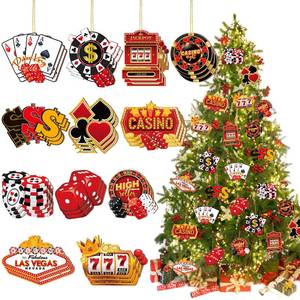lot 45890 image: 36 Pieces Casino Ornament Decoration Las Vegas Christmas Hanging Ornament Wooden Sign Poker Slot Machine Xmas Tree Decor Casino Night Party - Retail $15
