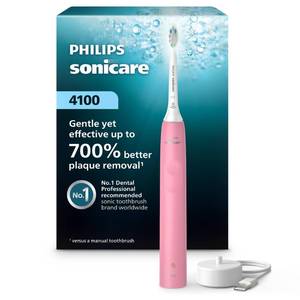 lot 45895 image: Philips Sonicare 4100 Series Electric Toothbrush - Sonic Toothbrush with Advanced Sonic Technology, Pressure Sensor, Two Intensity Settings, Smartimer & Quadpacer, Deep Pink, Model HX368126 - Retail $50