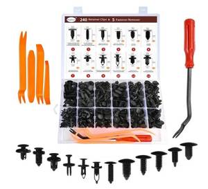 lot 45916 image: 240PCS Car Bumper Retainer Clips Kit - Auto Plastic Rivets & Push Fasteners Set, Most Popular Sizes for Door Trim, Panel, Fender - Retail $16