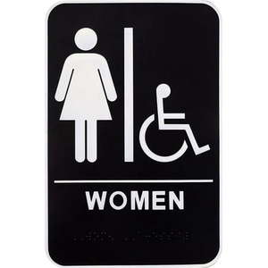lot 25341 image: Hillman Group 844150 6 x 9 in. Black & White Womens and Mens Handicapped Restroom Sign with Braille - 3 Piece