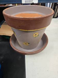 lot 25413 image: Pained Clay Plant Pot with Attached Light