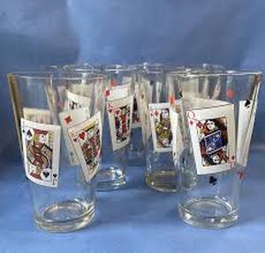 lot 25307 image: Collectible Vintage Playing Card Glassware - 8 Glasses, 5 Double Shots
