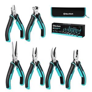 lot 58212 image: DURATECH Mini Pliers Set, 6PCS Jewelry Pliers Set, CRV Construction, Includes Needle Nose, Diagonal, Long Nose, Bent Nose, End Cutting and Linesman Pliers, for Making Crafts, Repairing Electronic