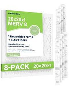 lot 24635 image: Future Way 20x20x1 Air Filters, 8-Pack with Reusable Frame, MERV 11, MPR 1000 AC Furnace Filters, Space Saving & Cost-effective