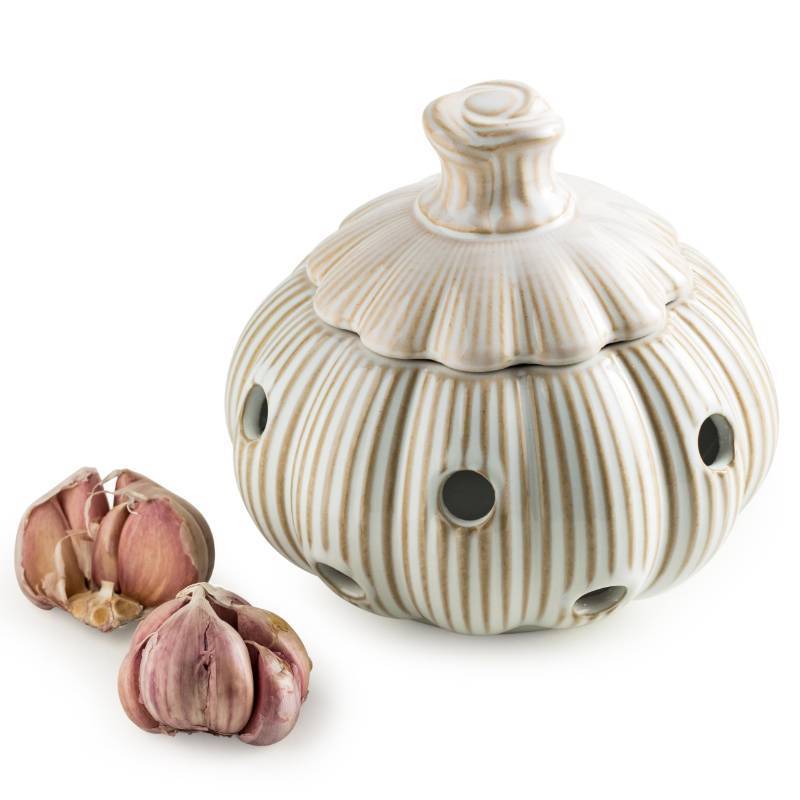 lot 5598 image: Cormomu Garlic Storage Pod Ceramic Garlic Keeper with Lid Large Garlic Container for Counter, White - Retail $29