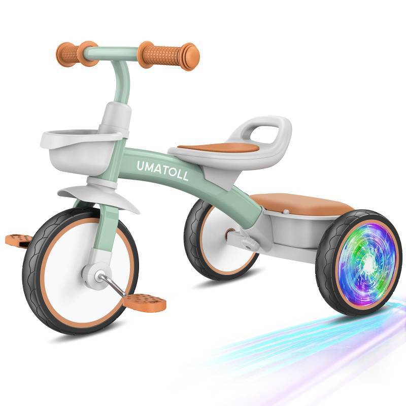 lot 5621 image: Umatoll Toddler Tricycle for 18 Month to 4 Year Old Boys Girls,Toddler Bike Toys with Adjustable Seat&Light-Up Wheels,Birthday Gift for Age 2-3 (Green) - Retail $60