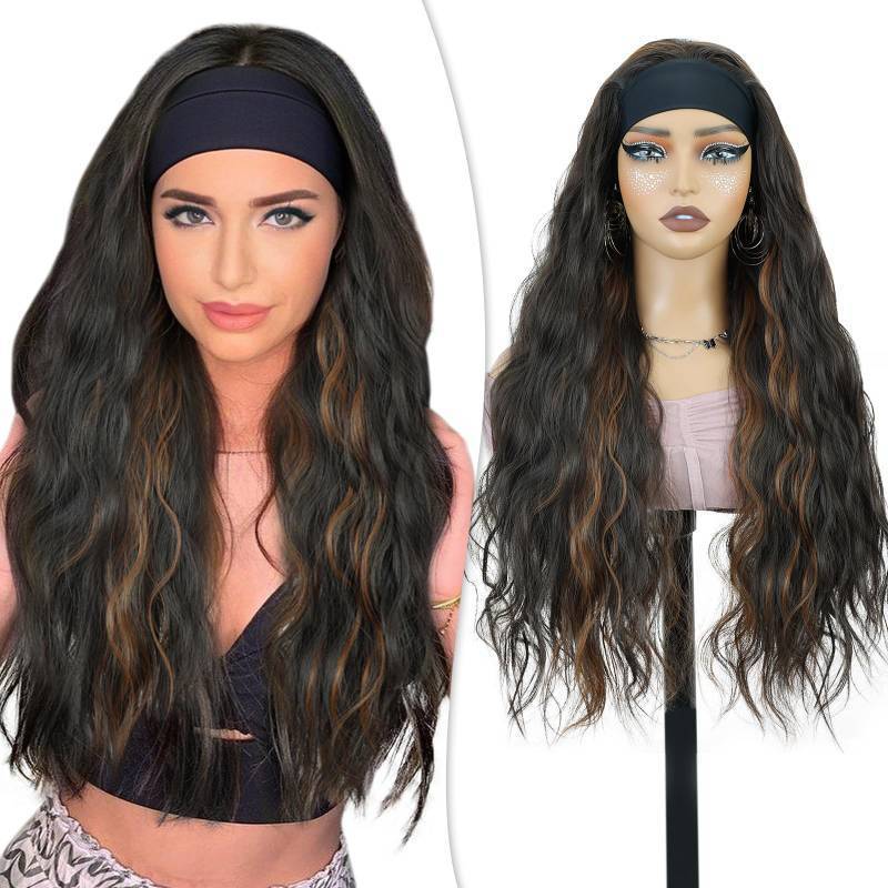 lot 5748 image: PHOCAS Long Brown Headband Wig Synthetic Body Wave Curly Wig Realistic None Lace Front Wear and Go Glueless Wigs for Black Women - 24 Dark Brown with Highlight Headband Wigs - Retail $21