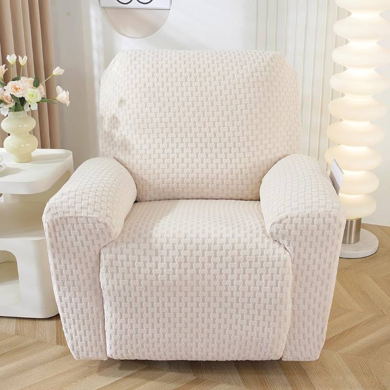 lot 5767 image: vctops 4 Pieces Jacquard Plush Recliner Slipcovers Stretch Soft Sofa Couch Cover Anti-Slip Solid Color Furniture Protector with Elastic Bottom for Kids Cats Dogs (Cream,1 Seat) - Retail $33