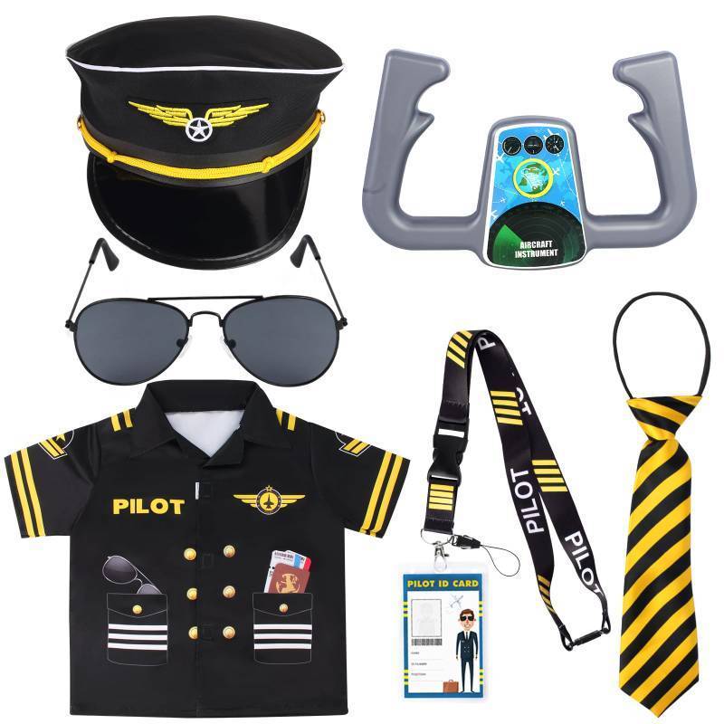 lot 7059 image: Kyson 7 Pcs Kids Pilot Costume Airline Captain Aviation Costume Dress up Accessories for Halloween Career Day Pretend Play (Set A)