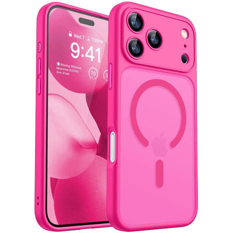 lot 7142 image: CANSHN Magnetic Compatible with iPhone 17 Pro Max Case, Upgraded Full Camera Protection Compatible with Magsafe Translucent Matte Shockproof Protective Phone Cover 6.9 Inch - Hot Pink - Retail $20