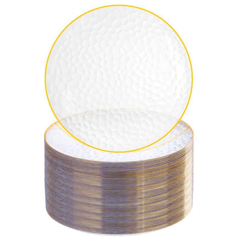lot 7453 image: Rubtlamp 100 Pcs Clear Gold Plastic Plates, Hammered Party Plates, Clear Disposable Dessert Plates,Clear Gold Plates 7 Inch, Gold Plastic Dessert Plates Disposable For All Occasions - Retail $36