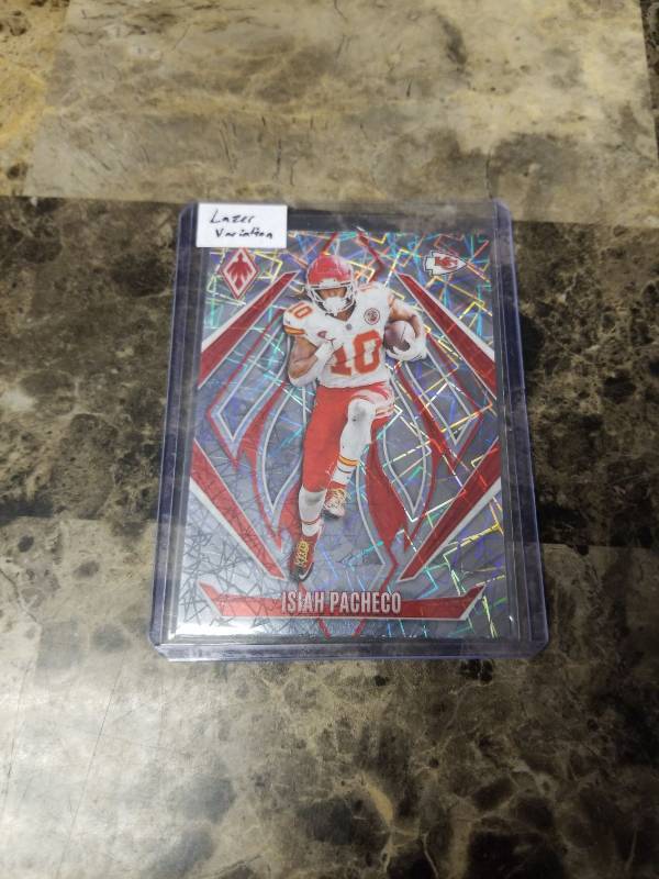 lot 1268 image: 2024 Panini Phoenix Football Lazer Variation Isiah Pacheco Kansas City Chiefs Football Card