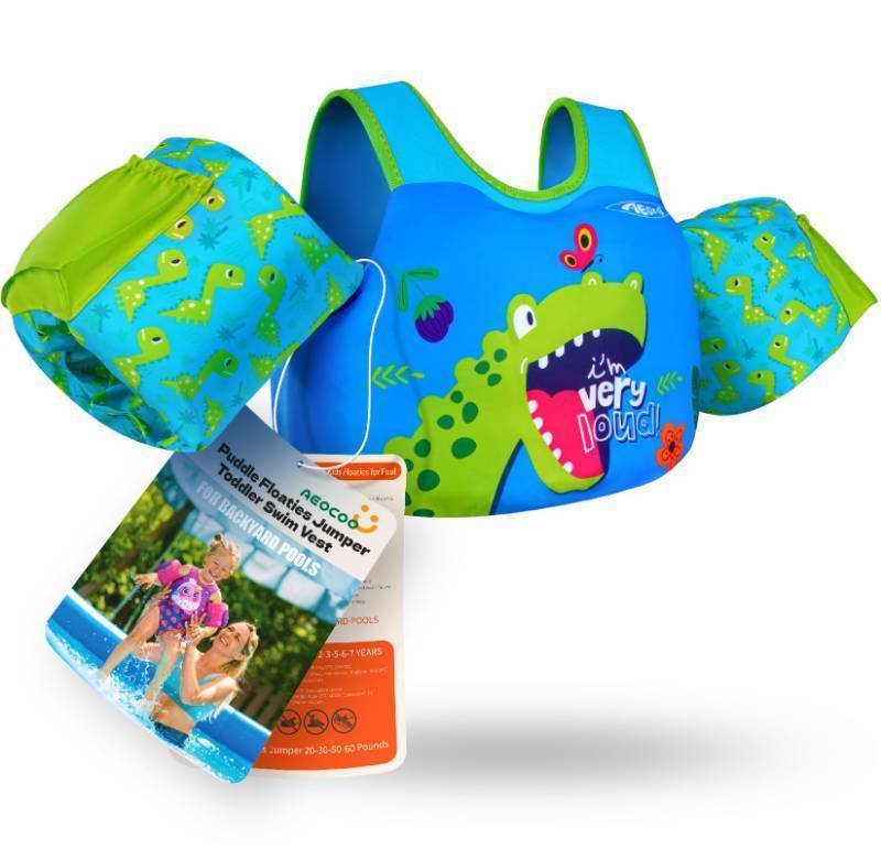 lot 5484 image: AEOCOO Puddle Float Jumper 20-30-50 Pounds, Toddler Swim Vest for 1-3-5 Years Old, Pool Floats with Swimming Arm Floaties Swim Jacket with Water Wings for Kids Swimmies, Boys, Girls, Dinosaur - Retail $25