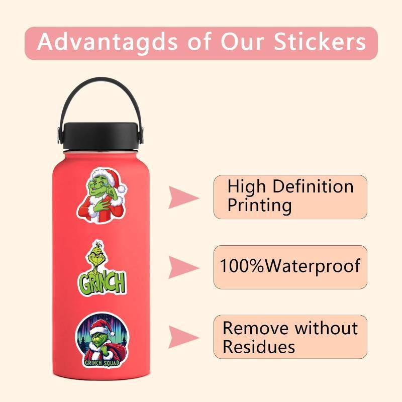 lot 7803 image: 8pcs Christmas Grinches Popular Stickers for Kids, Childrens Cartoon Sticker for Water Bottle,Laptop,Waterproof Vinyl Decals for Teens Girls Boys (Green-B) - Retail $7