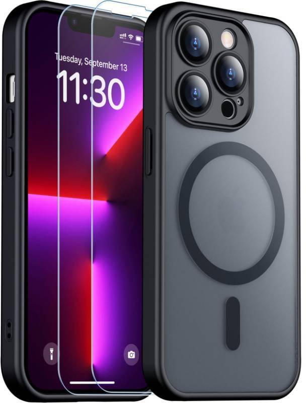 lot 8226 image: SPIDERCASE for iPhone 13 Pro Case, Magnetic Translucent Matte Case with 2PCS Tempered Glass Screen Protector Slim Phone Case for iPhone 13 Pro 6.1, Black - Retail $10