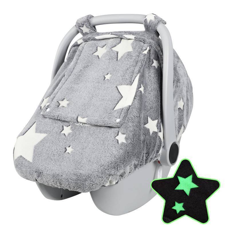 lot 8228 image: Car Seat Cover Baby Boys Girls, Soft Flannel Infant Carseat Cover with 2 Zipper Windows, Star Carrier Cover Canopy Glow in The Dark, Comfortable & Machine Washable, Gray - Retail $22
