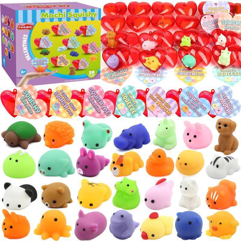lot 8264 image: 28 Pack Valentine Mochi Squishies Toys and Valentine Cards for Kids, Animal Mochi Squishies Toys Filled Hearts, Kawaii Squishies Stress Relief Fidget Toys for Classroom Exchange Party Favors Prizes - Retail $30