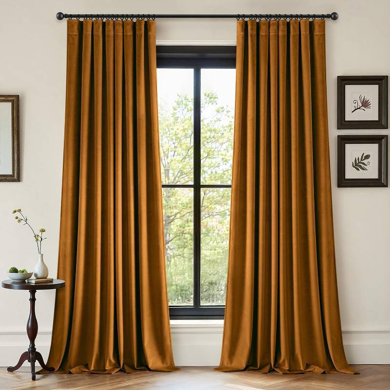 lot 8358 image: ANRODUO Gold Brown Velvet Curtains 84 Inches Long Blackout Thermal Insulated Soundproof Curtain Privacy Room Darkening Curtains Pinch Pleat Window Drapes for Bedroom Living Room Set of 2 - Retail $37