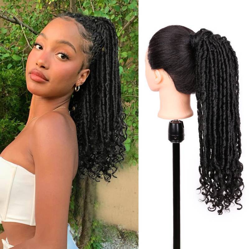 lot 8421 image: WIGER Faux Locs Ponytail Hair for Black Women Twisted Black Ponytails Clip In Dreadlock Ponytail Extensions 18 Inch Wrap Around Faux Locs Ponytails Goddess Locs with Curly Ends - Retail $21
