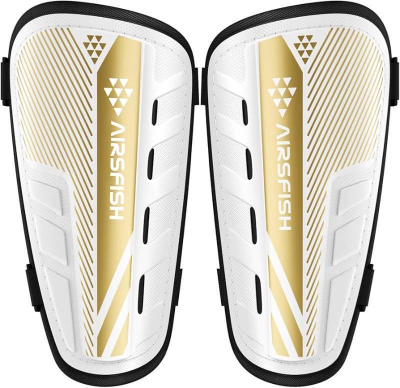 lot 8458 image: AirsFish Kids White and Gold Soccer Shin Guards Size S Plus