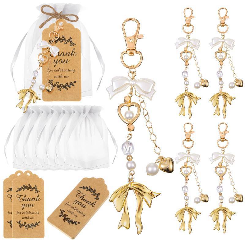 lot 8632 image: Ecation 20 Set Pearl Bow Keychain Party Favor Bulk Mothers Day Keyring Charm Accessories Present Kraft Tag Organza Bag for Guest Baptism Bridal Shower Graduation Wedding Party Gift(Gold, Novel Bow) - Retail $23