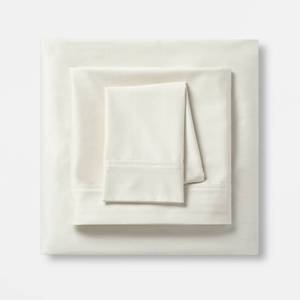 lot 9657 image: TwinTwin XL Solid Performance 400 Thread Count Sheet Set Sour Cream - Threshold Cotton Sateen, Wrinkle-Resistant, NO PILLOW CASE - Retail $60