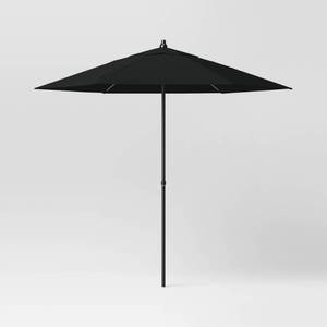 lot 9739 image: 7.5 Round Outdoor Patio Market Umbrella Black - Room Essentials Steel Frame, Push-Up Lift, No Tilt - Retail $70