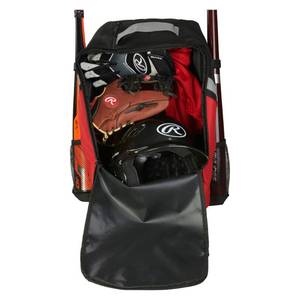 lot 9765 image: Rawlings Youth Baseball Backpack - BlackRed - Retail $104