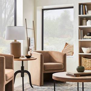lot 9789 image: Vernon Upholstered Barrel Accent Chair Light Brown Velvet - Threshold designed with Studio McGee Plywood Frame, No Assembly Required - Retail $350