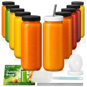 lot 1097 image: Ruckae 16oz 10 Pack Juice Bottles, Glass Bottles with Lids, Smoothie Cup Lids and Straws, Water Bottle Mason Jar Drinking Glasses for Juicing, Smoothies, Kombucha