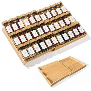 lot 1103 image: KitHero Expandable 3-Tier Bamboo Spice Rack Organizer (12-21 W, 13.5 D, 3.7 H) Adjustable for Kitchen Drawers, Cabinets, Countertops, Pantry Shelves & Cupboards, No Jars Included