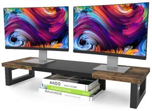 lot 1126 image: WESTREE Dual Monitor Stand Riser, Wood and Steel Multi-Purpose Desktop Storage Stand for 2 Monitors for Computer, Laptop, Printer, TV, Rustic Brown