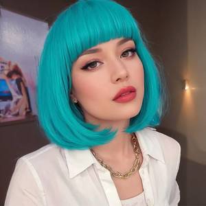 lot 2237 image: quickwig Short Bob Wig with Bangs Teal Blue Wig Bluish Green Wig Colored Wigs Heat Resistant Synthetic Mermaid Wig Party Cosplay Wigs for Women