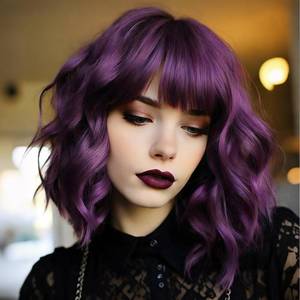 lot 2272 image: Amarlis Short Bob Wig Dark Purple Synthetic Wavy Wigs with Bangs for Women - Cosplay Party Daily Use