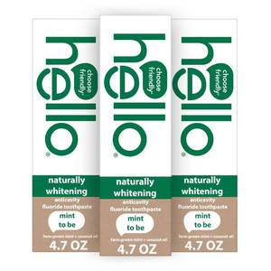 lot 2282 image: hello Naturally Whitening Fluoride Toothpaste, Natural Whitening Toothpaste with Coconut Oil and Tea Tree Oil, Tames Bad Breath, Helps Moisturize, and Fights Cavities, Mint, 3 Pack, 4.7 Oz Tubes