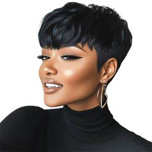lot 2296 image: DOcute 150% Density Short Black Bob Wig Straight Wig Short Wig With Bangs Short Pixie Wigs For Black Women Short Pixie Cut Wig Pre Plucked Glueless Wigs Human Hair Pre Cut No Knots And No Hair Loss