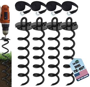 lot 3638 image: Eurmax USA 4-Pc Pack Spiral Stakes Heavy Duty Anchor Kit Ice Screw Anchor for Trampoline, Tents, tarps, Canopies,car Ports,Dog tie Out and etc Bonus Tie Down Straps 4-Pc Pack (Black)