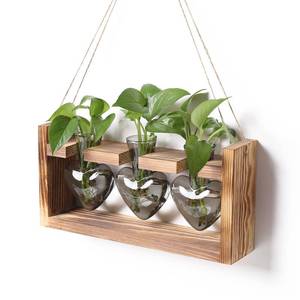 lot 3640 image: Plant Terrarium Propagation Stations Hydroponics Home Garden Decoration Gift for Women with Wooden Stand Heart Shaped Colored Glass Vase ONLY TWO