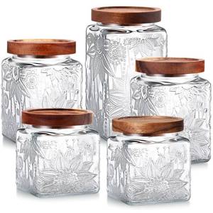 lot 3647 image: Suclain 5 Pcs Sunflower Vintage Glass Jars with Bamboo Airtight Lid 172434 oz Glass Food Containers Storage for Kitchen Counter Pantry Sugar Flour Coffee Tea Candy Oats Cereal(Square)