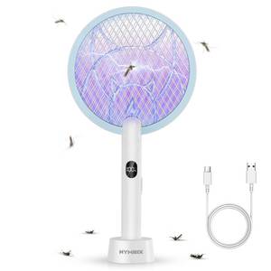 lot 3653 image: Nymrix Electric Fly Swatter Racket, 2 in 1 Mosquito Bug Zapper 4100V Handheld Mosquito Killer with 1800 mAh Rechargeable Battery, Purple Light and 3-Layer Safety Mesh for Indoor Outdoor Blue