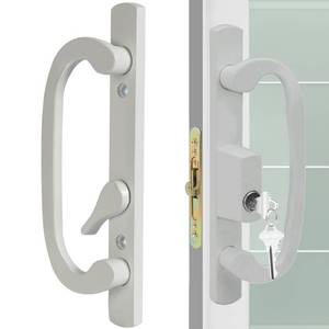lot 4250 image: ACEPLANET Offset Position Keyed Sliding Patio Door Handleset with Mortise Lock, 45° Keyway, 3-1516 H.C., Fits 1-38 to 2 Thick Doors, Non-Handed, White Diecast